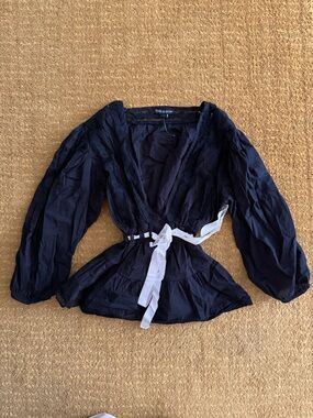 Black Blouse with White Waist Tie and Lace Details